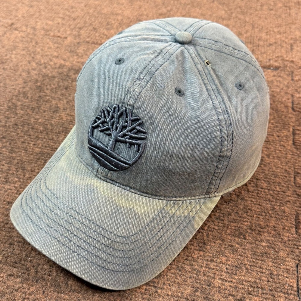 C- Timberland Mens Gray Faded Canvas Adjustable Strapback Baseball Hat Tree Logo